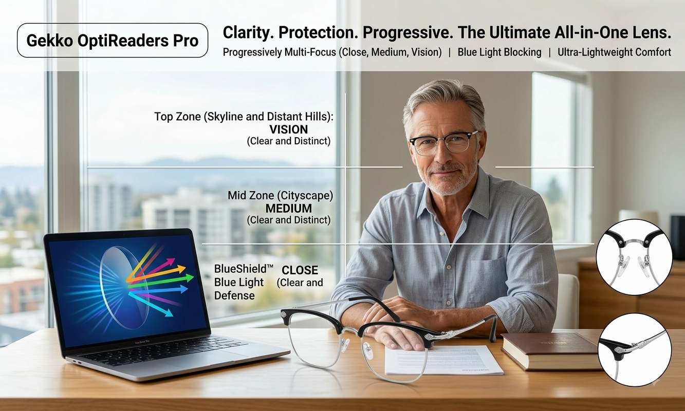 Man in his 60s wearing Gekko OptiReaders Pro progressive glasses while working at a desk with a laptop and documents