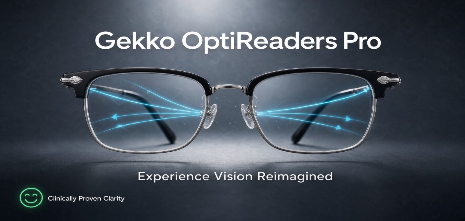 Gekko OptiReaders Pro black and silver half-rim progressive reading glasses with blue light filtering illustration