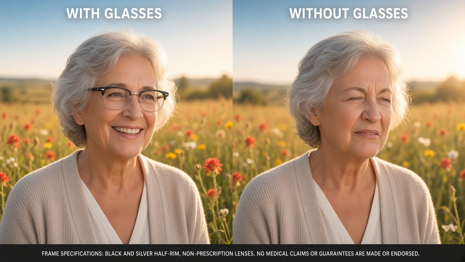 Side-by-side comparison of an older woman with clear vision while wearing glasses versus squinting without glasses in a sunny field