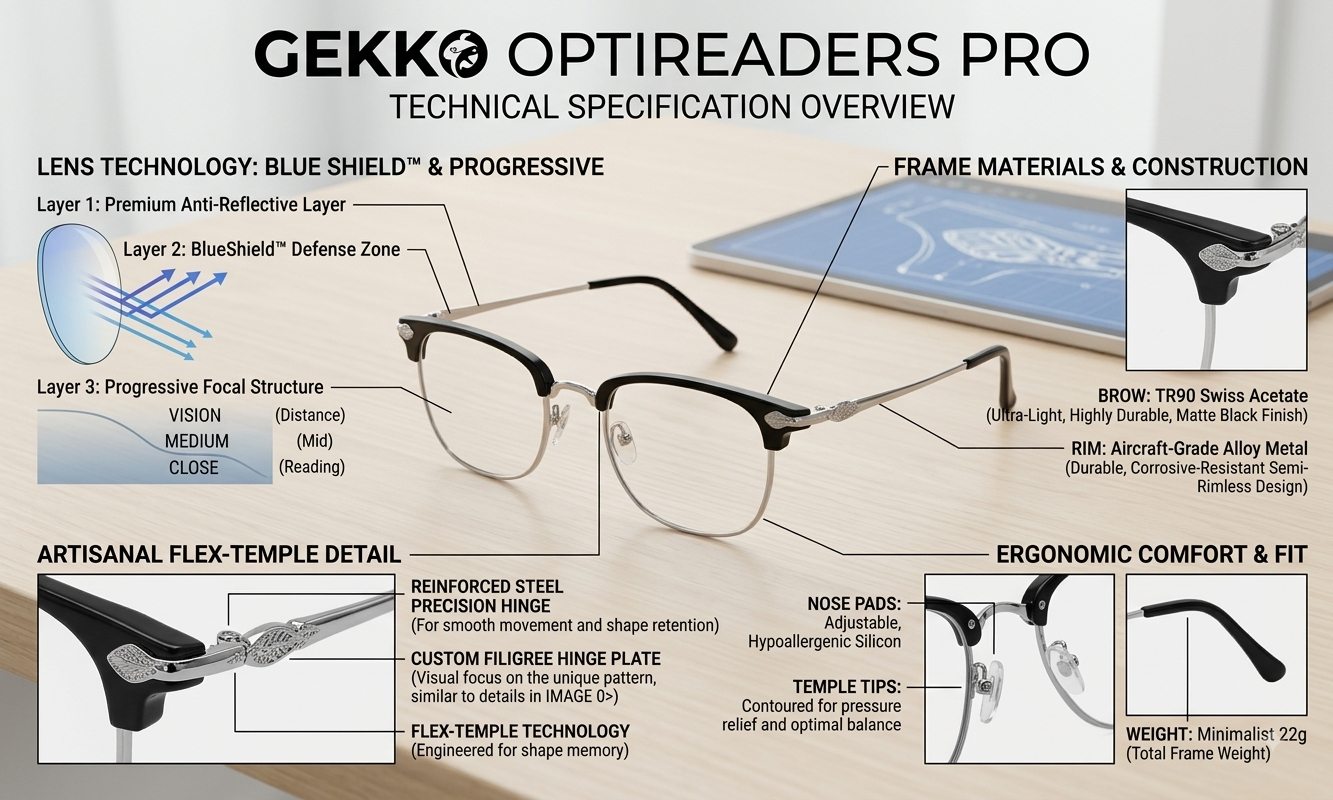 Technical overview of Gekko OptiReaders Pro showing progressive focal structure, BlueShield layers, TR90 frame materials, and ergonomic details